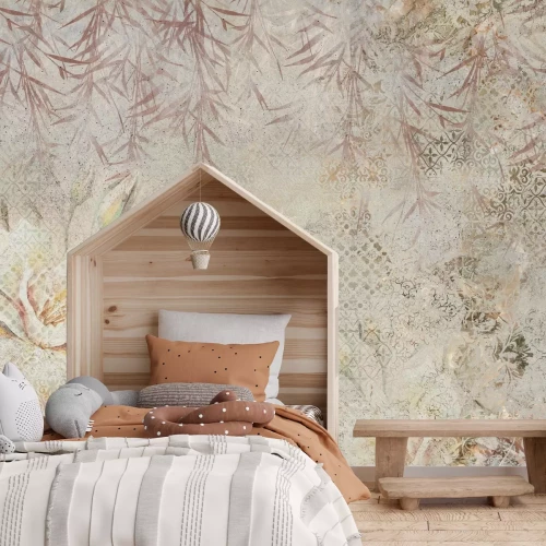 Fotobehang Botanische stijl bloemen en bladeren met ornamenten