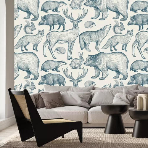 Fotobehang Cartoon bosdieren in marineblauwe contouren