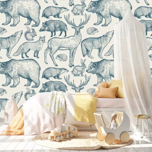 Fotobehang Cartoon bosdieren in marineblauwe contouren