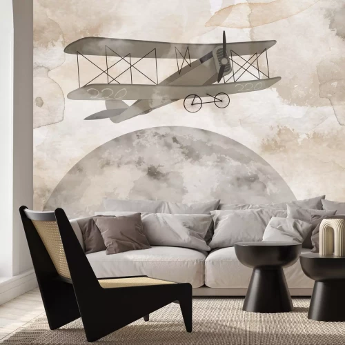 Fotobehang Vliegtuig en maan op een aquarelachtergrond