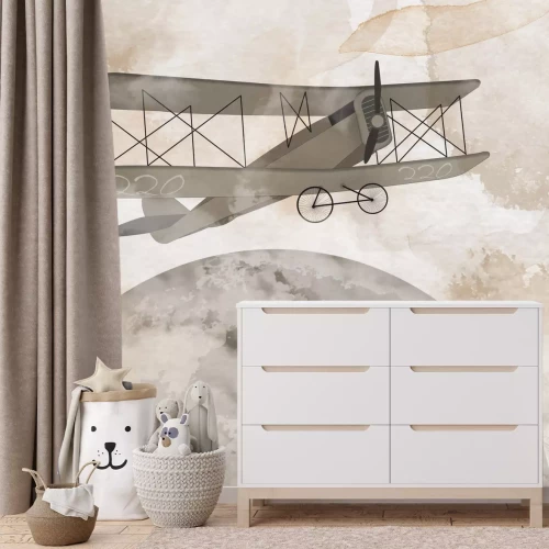 Fotobehang Vliegtuig en maan op een aquarelachtergrond