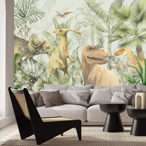 Fotobehang Pastelkleurige dinosaurussen in de jungle