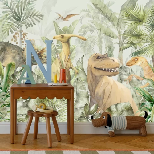 Fotobehang Pastelkleurige dinosaurussen in de jungle