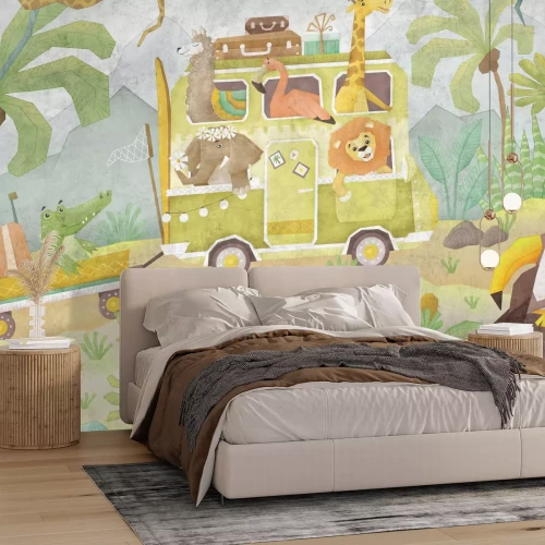 Fotobehang Safaribus met schattige jungledieren
