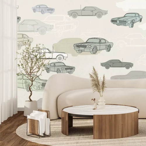 Fotobehang Retro auto&#39;s in tinten groen