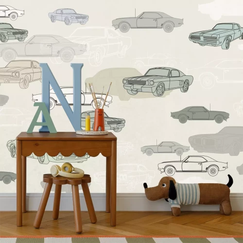 Fotobehang Retro auto's in tinten groen