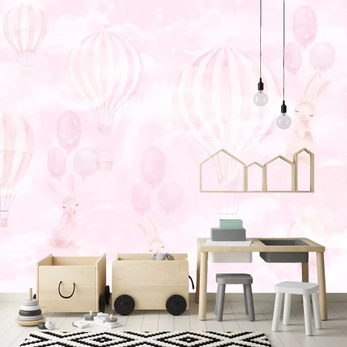 Fotobehang Konijnen met ballonnen tegen een roze aquarelachtergrond