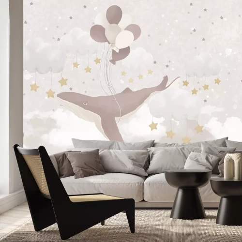 Fotobehang Vliegende walvis met ballonnen tussen de sterren en wolken