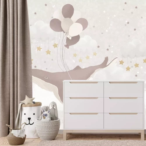 Fotobehang Vliegende walvis met ballonnen tussen de sterren en wolken