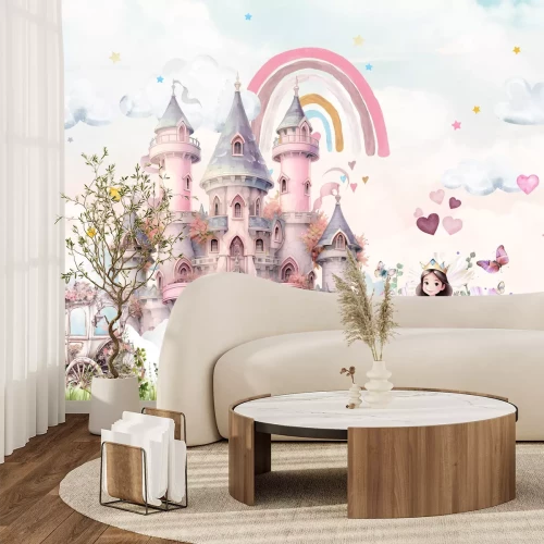 Fotobehang Een prinses met een magische eenhoorn op de achtergrond van een kasteel