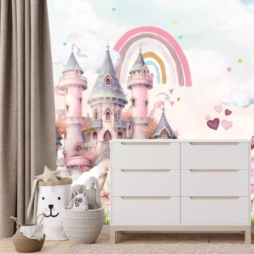 Fotobehang Een prinses met een magische eenhoorn op de achtergrond van een kasteel