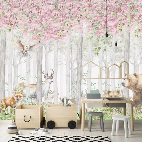 Fotobehang Dieren in een sprookjesachtig bloeiend bos aquarel