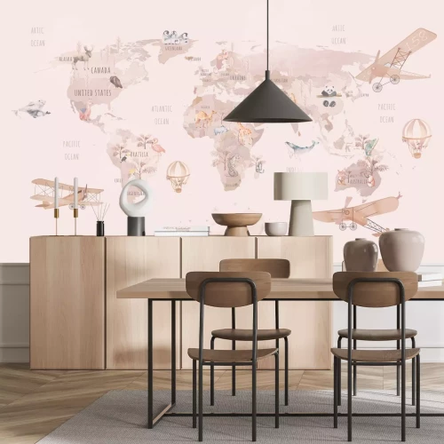 Fotobehang Dieren van verschillende continenten op een aquarelkaart van de wereld