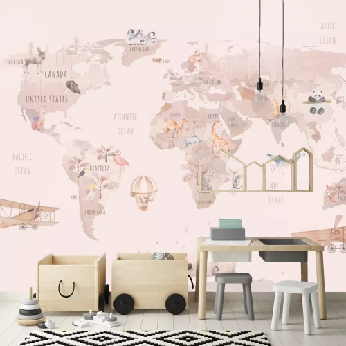 Fotobehang Dieren van verschillende continenten op een aquarelkaart van de wereld