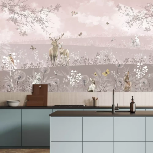 Fotobehang Wild open landschap met herten en bosdieren