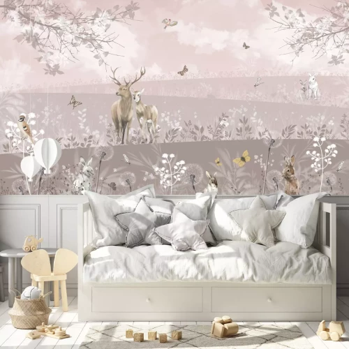 Fotobehang Wild open landschap met herten en bosdieren