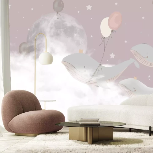 Fotobehang Walvissen met ballonnen tegen een roze lucht