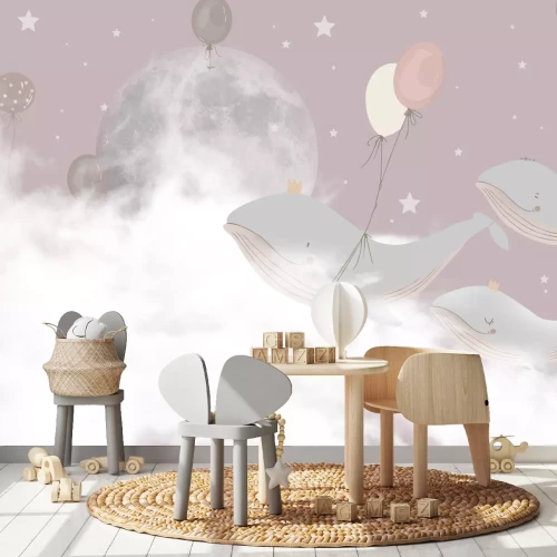 Fotobehang Walvissen met ballonnen tegen een roze lucht