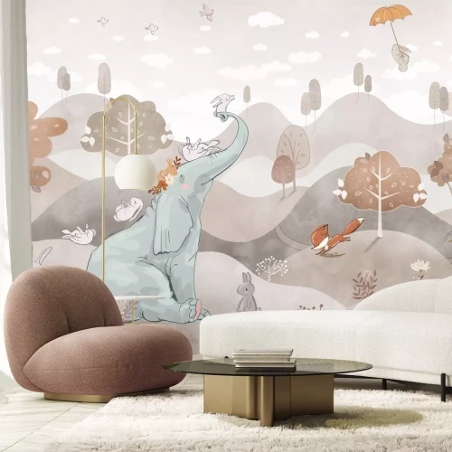 Fotobehang Een olifant en bosdieren in een sprookjesachtige aquarelsetting