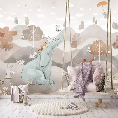 Fotobehang Een olifant en bosdieren in een sprookjesachtige aquarelsetting