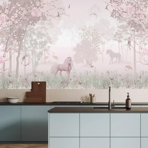 Fotobehang Magisch roze bos met eenhoorns en feeën