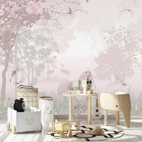 Fotobehang Magisch roze bos met eenhoorns en feeën