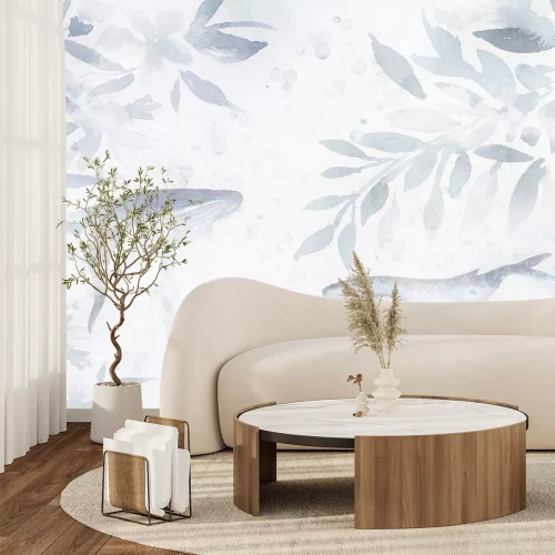Fotobehang Blauwe bladeren en walvissen in een delicate aquarelstijl