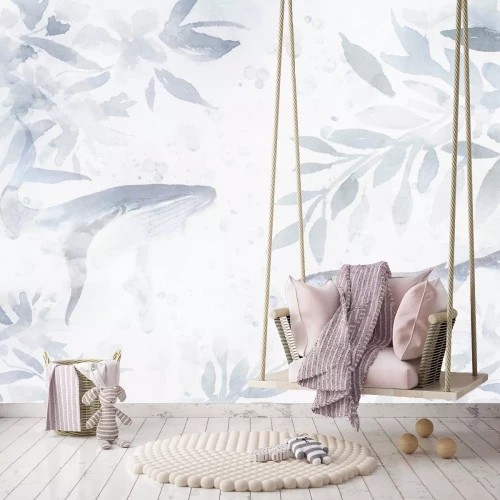 Fotobehang Blauwe bladeren en walvissen in een delicate aquarelstijl
