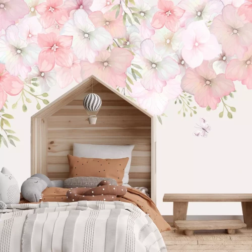 Fotobehang Aquarelbloemen en vlinders in een pastelcompositie