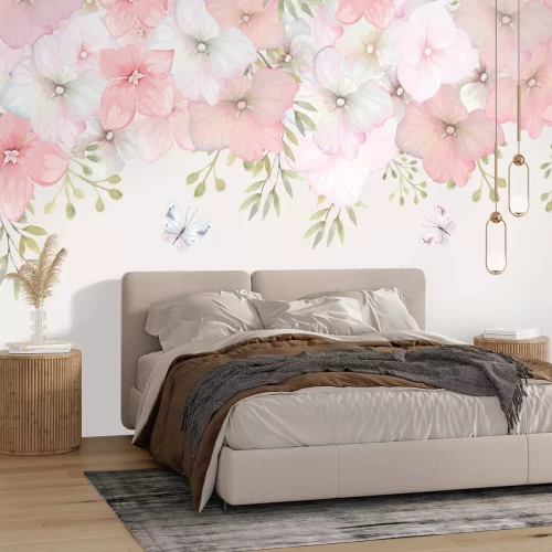 Fotobehang Aquarelbloemen en vlinders in een pastelcompositie