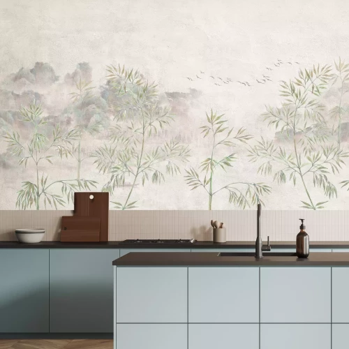 Fotobehang Bamboebomen met vliegende vogels op een gestructureerde achtergrond