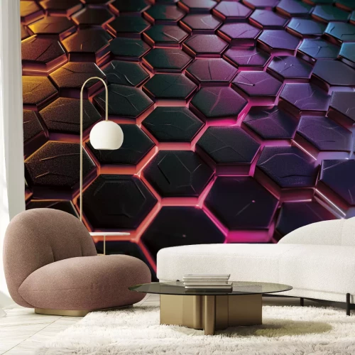 Fotobehang Zwarte zeshoeken op een neonachtergrond