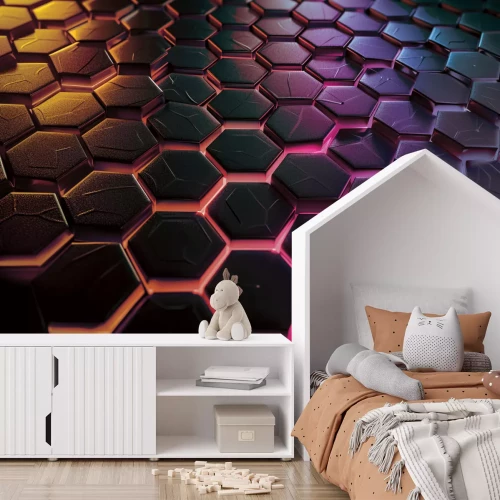 Fotobehang Zwarte zeshoeken op een neonachtergrond