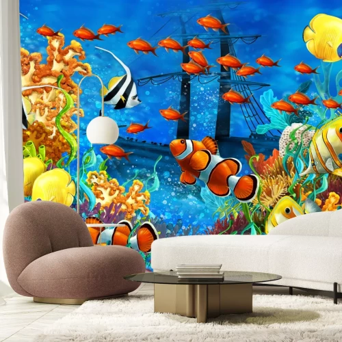 Fotobehang Onderwaterlandschap met vissen, schepen en koraalrif in levendige kleuren