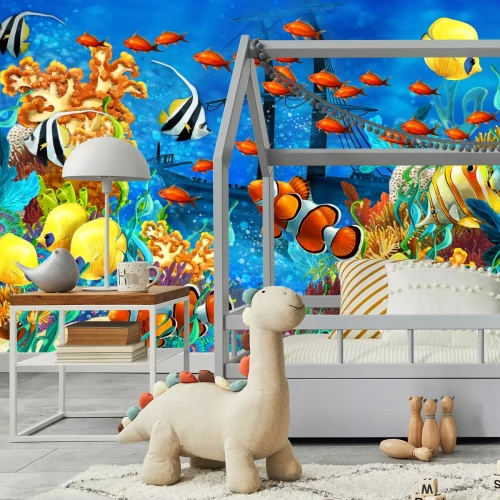 Fotobehang Onderwaterlandschap met vissen, schepen en koraalrif in levendige kleuren