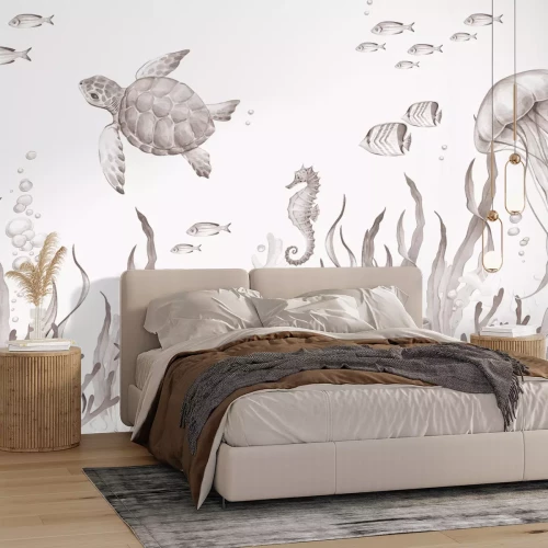 Fotobehang Zeedieren in de onderwaterwereld aquarelpatroon voor kinderen