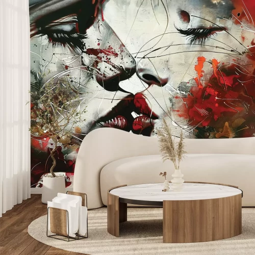 Fotobehang Artistieke muurschildering van een vrouwenkus in het rood