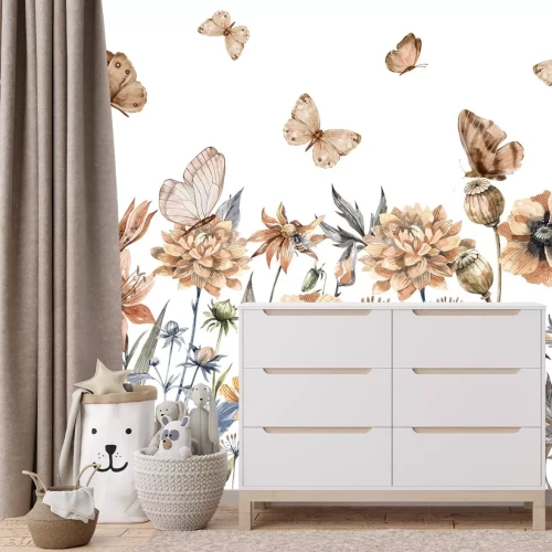 Fotobehang Aquarelweide met bloemen en vlinders op een witte achtergrond, botanisch patroon