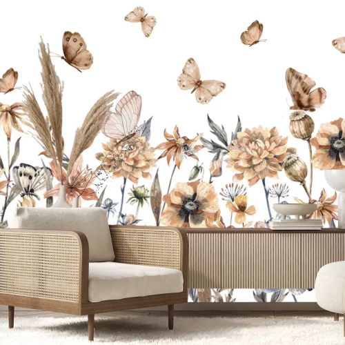 Fotobehang Aquarelweide met bloemen en vlinders op een witte achtergrond, botanisch patroon