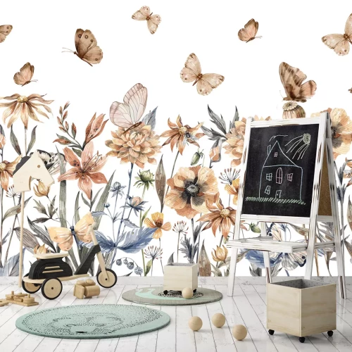 Fotobehang Aquarelweide met bloemen en vlinders op een witte achtergrond, botanisch patroon