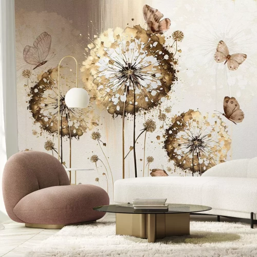 Fotobehang Een elegant patroon met paardenbloemen en vlinders op een gestructureerde achtergrond.