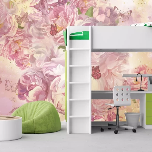 Fotobehang Roze bloemen en vlinders artistiek patroon in een schilderstijl