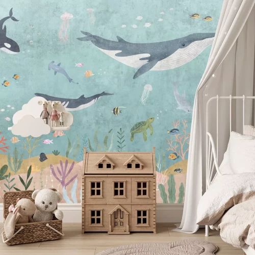 Fotobehang Walvissen, vissen en planten in een kleurrijke oceaanillustratie voor kinderen