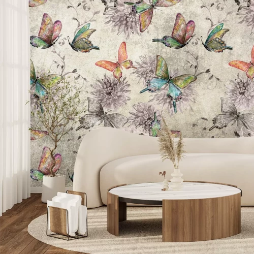 Fotobehang Bloemen en vlinders op een ruwe, getextureerde betonnen achtergrond