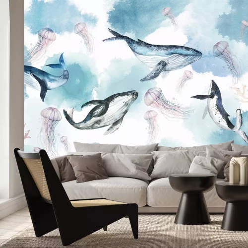 Fotobehang Walvissen en kwallen in een koraalrif aquarel kinderpatroon