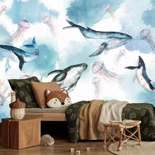 Fotobehang Walvissen en kwallen in een koraalrif aquarel kinderpatroon