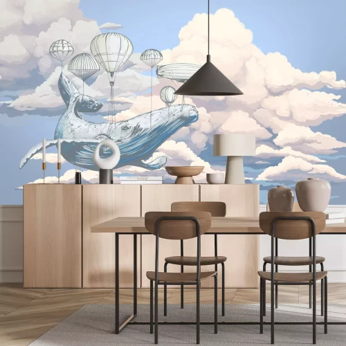 Fotobehang Aquarel walvis met ballonnen tussen blauwe wolken - kinderpatroon