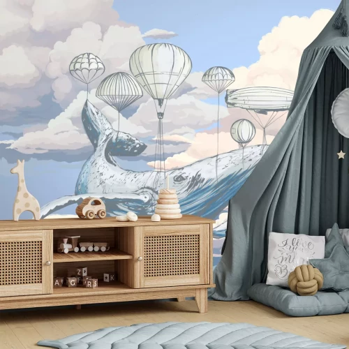 Fotobehang Aquarel walvis met ballonnen tussen blauwe wolken - kinderpatroon