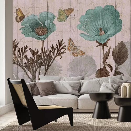 Fotobehang Blauwe bloemen en vlinders op een houten achtergrond, botanisch retromotief