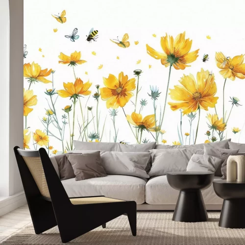 Fotobehang Gele wilde bloemen met botanisch patroon van insecten en vlinders op een lichte achtergrond